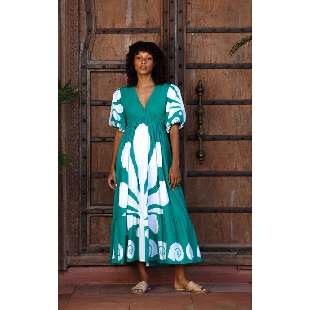 Itami Elda Dress Mayan Green V-Neck midi cotton poplin vacation size 0 NWT $200 - Picture 2 of 8